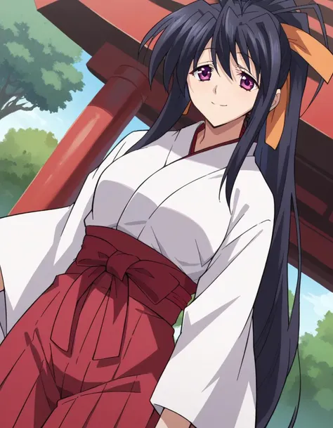 score_9, score_8_up, score_7_up, source_anime,
akenohimejima, <lora:akeno-himejima-ponyxl-lora-nochekaiser:1>,
akeno himejima, long hair, black hair, ribbon, very long hair, purple eyes, hair ribbon, ponytail, antenna hair, smile,
japanese clothes, hakama, red hakama, miko,
outdoors, shrine,
looking at viewer, dutch angle, cowboy shot,