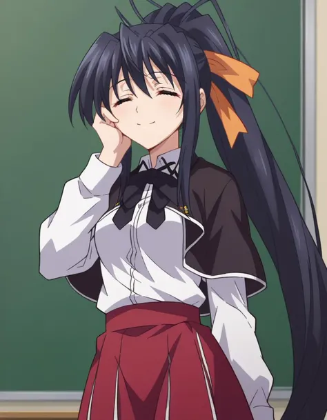 score_9, score_8_up, score_7_up, source_anime,
akenohimejima, <lora:akeno-himejima-ponyxl-lora-nochekaiser:1>,
akeno himejima, long hair, black hair, ribbon, very long hair, closed eyes, hair ribbon, ponytail, antenna hair, smile, hand on own cheek,
skirt, school uniform, shirt, white shirt, capelet, black capelet, long sleeves, red skirt,
indoors, classroom,
looking at viewer, dutch angle, cowboy shot,