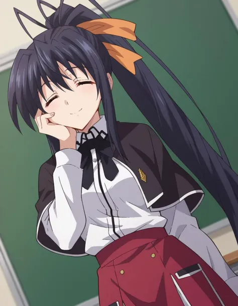 score_9, score_8_up, score_7_up, source_anime,
akenohimejima, <lora:akeno-himejima-ponyxl-lora-nochekaiser:1>,
akeno himejima, long hair, black hair, ribbon, very long hair, closed eyes, hair ribbon, ponytail, antenna hair, smile, hand on own cheek,
skirt, school uniform, shirt, white shirt, capelet, black capelet, long sleeves, red skirt,
indoors, classroom,
looking at viewer, dutch angle, cowboy shot,