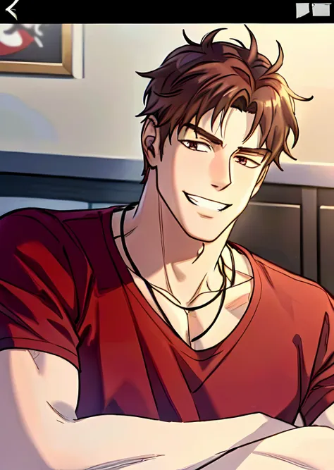 (best quality, high resolution, masterpiece) , <lyco:husbandoLocon_v33:0.5>, best quality, 1boy, solo focus, male focus, looking at viewer, muscular male, fake screenshot, anime screenshot, <lora:Character - Jaeyoung Jang:0.5>, zaiying, brown hair, necklace, arm tattoo, red shirt, arm folding, grin, campus,