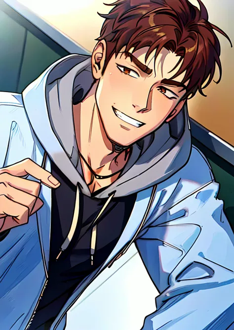 (highly detailed, best quality, high resolution, masterpiece, portrait) , <lyco:husbandoLocon_v33:0.5>, best quality, 1boy, solo focus, male focus, looking at viewer, muscular male, fake screenshot, anime screenshot, <lora:Character - Jaeyoung Jang:0.5>, zaiying, brown hair, grin, arm tattoo, necklace, white hoodie, hands on pocket, denim pants,