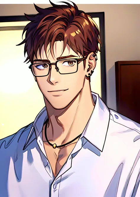 (best quality, high resolution, masterpiece) , <lyco:husbandoLocon_v33:0.5>, best quality, 1boy, solo focus, male focus, looking at viewer, muscular male, fake screenshot, anime screenshot, <lora:Character - Jaeyoung Jang:0.5>, zaiying, brown hair, necklace, arm tattoo, white shirt, buttoned, glasses, bedroom, smile, ear piercing,