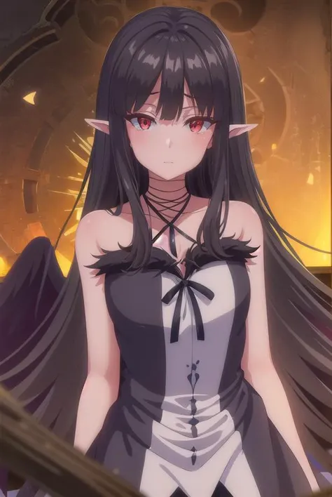 evereese, <lora:eve reese s1-lora-nochekaiser:1>,
eve reese, long hair, bangs, black hair, (red eyes:1.3), very long hair, pointy ears,
BREAK dress, bare shoulders, collarbone, wings, sleeveless, black dress, black ribbon, halterneck, bandages, feathered wings, black wings,
BREAK outdoors, forest, nature, trees, grass, sun, sky, clouds,
BREAK looking at viewer, (cowboy shot:1.5),
BREAK <lyco:GoodHands-beta2:1>, (masterpiece:1.2), best quality, high resolution, unity 8k wallpaper, (illustration:0.8), (beautiful detailed eyes:1.6), extremely detailed face, perfect lighting, extremely detailed CG, (perfect hands, perfect anatomy),