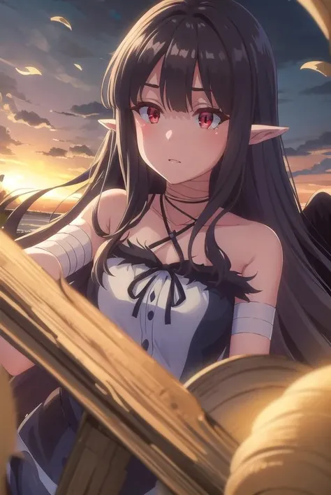 evereese, <lora:eve reese s1-lora-nochekaiser:1>,
eve reese, long hair, bangs, black hair, (red eyes:1.3), very long hair, pointy ears,
BREAK dress, bare shoulders, collarbone, wings, sleeveless, black dress, black ribbon, halterneck, bandages, feathered wings, black wings,
BREAK outdoors, forest, nature, trees, grass, sun, sky, clouds,
BREAK looking at viewer, (cowboy shot:1.5),
BREAK <lyco:GoodHands-beta2:1>, (masterpiece:1.2), best quality, high resolution, unity 8k wallpaper, (illustration:0.8), (beautiful detailed eyes:1.6), extremely detailed face, perfect lighting, extremely detailed CG, (perfect hands, perfect anatomy),
