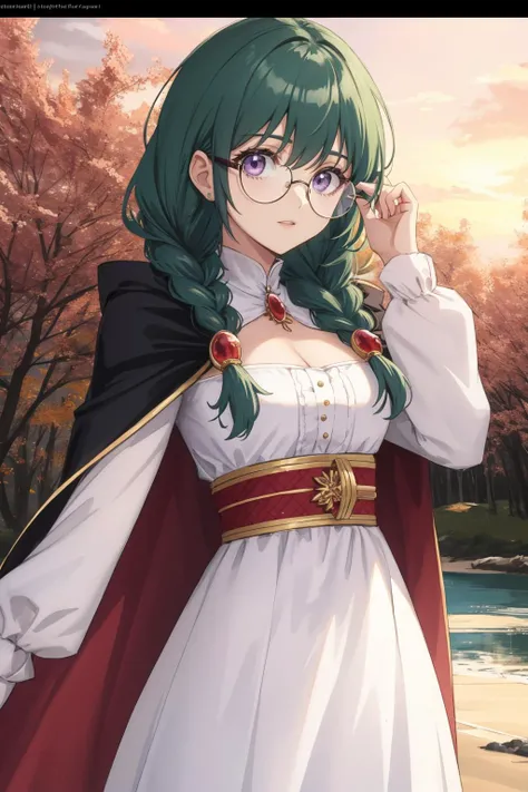 <lora:philiafelice-tod-richy-v1:0.8> philia, twin braids, hair ornament, glasses, jewelry, brooch, dress, cape