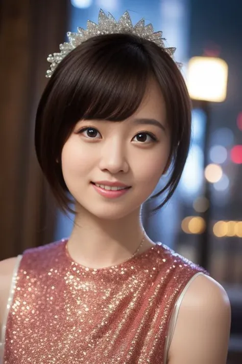1girl,(wearing a sleeveless glittery dress:1.4),(RAW photo, best quality), (realistic, photo-realistic:1.4), masterpiece, an extremely delicate and beautiful, extremely detailed, 2k wallpaper, Amazing, finely detail, extremely detailed CG unity 8k wallpaper, ultra-detailed, highres, soft light, beautiful detailed girl, extremely detailed eyes and face, beautiful detailed nose, beautiful detailed eyes,cinematic lighting,city lights at night,perfect anatomy,slender body,smiling <lora:miyaharasatsuki_lora:0.8>,short hair
