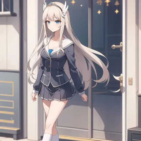 icm-charlotte, school uniform, platinum blonde hair, long hair, bangs, blue eyes, tiara, hair ornament, collarbone, medium breasts, full body, solo, 1girl, highres, high quality, masterpiece, many details, outdoors <lora:icm-charlotte-000006:0.4>