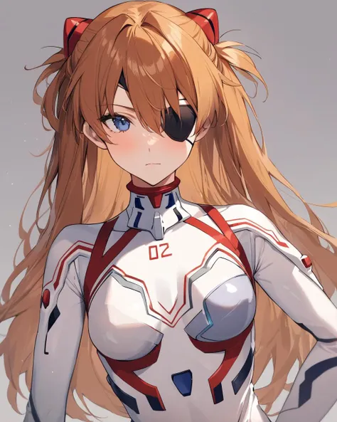 best quality, masterpiece, <lora:souryuuv2:1>,eyepatch, grey_background, solo, evangelion:_3.0+1.0_thrice_upon_a_time, closed_mouth, plugsuit, neon_genesis_evangelion, breasts, 1girl, souryuu_asuka_langley, rebuild_of_evangelion, small_breasts, simple_background, looking_at_viewer