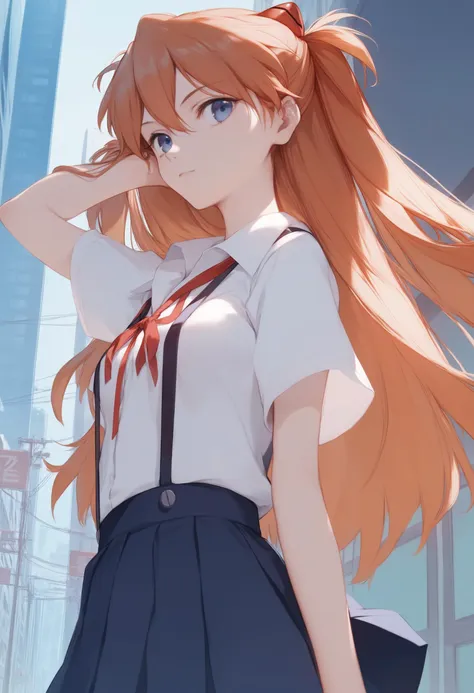 score_9, score_8_up, score_7_up, score_6_up,
<lora:Expressive_H:0.1>
1girl, <lora:souryuuv2:1>, orange hair, blue eyes, two side up, long hair, medium breasts, skinny, slender body, tiny,souryuu_asuka_langley, neon_genesis_evangelion,
school_uniform, skirt, blue_suspenders, red_ribbon, neck_ribbon, tokyo-3_middle_school_uniform, dress_shirt, white_shirt, short_sleeves, blue_skirt, ribbon, suspender_skirt, shirt,
city, outdoors, day,
standing, hand in own hair,
from below,
upper body,
masterpiece, best quality,