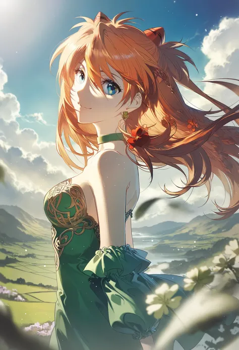by rella, by yoneyama mai, by mika pikazo, by makoto shinkai,
1girl, souryuu_asuka_langley, detailed beautiful face, blue eyes, beautiful detailed eyes, colorful, vivid, eyes designed by Ilya Kuvshinov style, strong will, hair between eyes, red hair, orange hair, intricate details long hair, Green ribbon, hair billowing in the gentle breeze, medium_breasts, supermodel, perfect body,
from side, looking at viewer, 
off shoulder, bare shoulders, collarbone, strapless, Celtic green dress, Celtic knots, Celtic spiral patterns, Gold Embroidery, green choker,
smile, gentle expression, warrior's rest, 
clear blue sky, spring, clover, Irish landscape, 
depth of field, face focus, bokeh, lifelike,
[celluloid:photorealistic:0.6]
<lora:Rella:0.2>, <lora:YoneyamaMai:0.3>, <lora:souryuuv2:0.9>,
beautiful, aesthetic, detailed, beautiful color, fine texture, 4K, 8K, Ultra HD, HDR, crisp detail, crisp edges, rich color, amazing quality, best quality, high quality, <lora:ral-cltc:0.9>,