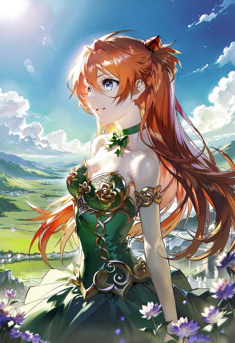 by rella, by yoneyama mai, by mika pikazo, by makoto shinkai, Yoshiyuki Sadamoto,
1girl, souryuu_asuka_langley, detailed beautiful face, blue eyes, beautiful detailed eyes, colorful, vivid, eyes designed by Ilya Kuvshinov style, strong will, hair between eyes, red hair, orange hair, intricate details long hair, Green ribbon, hair billowing in the gentle breeze, medium_breasts, supermodel, perfect body,
from side, looking away, 
green choker, off shoulder, bare shoulders, collarbone, strapless, Celtic green dress, Celtic knots, Celtic spiral patterns, Gold Embroidery, [(details:1.2): [ (many small details:1.3) : [ (many ultrasmall details: 1.2):(very detailed ultrasmall edges and microrelief:1.5):0.7 ]: 0.4 ] :0.2], 
smile, gentle expression, warrior's rest, 
clear blue sky, spring, clover, Irish landscape, Celtic stone,
depth of field, face focus, bokeh, lifelike,
[clean color:photorealistic:0.6]
<lora:Rella:0.5>, <lora:YoneyamaMai:0.2>, <lora:souryuuv2:0.5>,
beautiful, aesthetic, detailed, beautiful color, fine texture, 4K, 8K, Ultra HD, HDR, crisp detail, crisp edges, rich color, sharp contrast, amazing quality, best quality, high quality, LUT, cinematic, <lora:ral-cltc:0.9>,