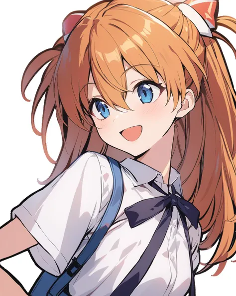 masterpiece, best quality, <lora:ming:1>ï¼1girl, solo, long_hair, blue_eyes, open_mouth, smile, suspender_skirt, bangs, school_uniform, ribbon, suspenders, orange_hair, simple_background, white_background, :d, neck_ribbon, skirt, hand_on_hip, hair_between_eyes, shirt, short_sleeves, transparent_background, tokyo-3_middle_school_uniform, hair_ornament, white_shirt, looking_to_the_side, upper_body