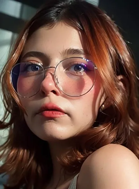 (photorealistic:1.4),8k,(masterpiece), best quality, highest quality, (detailed face:1.5),original,highres, unparalleled masterpiece, ultra realistic 8k, perfect artwork, ((perfect female figure)), skinny,detailed skin, epiCRealism, fcPortrait, <lora:ansichan:1>,glasses,