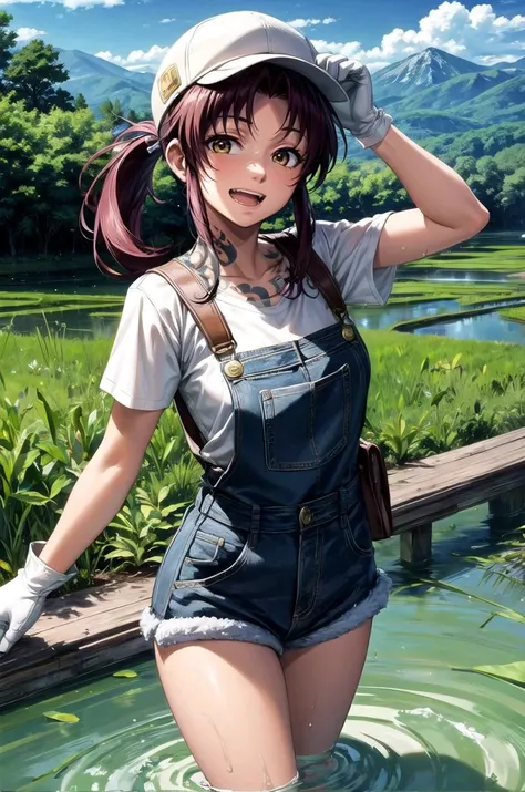 (masterpiece, best quality, detailed), 1girl, solo, looking at viewer, <lora:EPblRevy-07:0.8>, EPblRevy, long hair, ponytail, brown hair, brown eyes, tattoo, arm tattoo, shoulder tattoo, sidelocks,
overalls, short sleeves, white gloves, cabbie hat, striped shirt, rice paddy, rural, mud, power lines, scenery, hill, mountainous horizon, house, wading, splashing, smile, open mouth