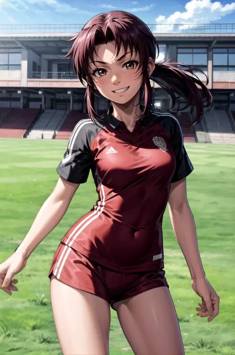 (masterpiece, best quality, detailed), 1girl, solo, looking at viewer, <lora:EPblRevy-07:0.8>, EPblRevy, long hair, ponytail, brown hair, brown eyes, tattoo, arm tattoo, shoulder tattoo, sidelocks,
<lora:Soccer Uniform By Stable Yogi:0.5>, soccer uniform, <lora:school_yard_v0.1:1>, school yard, field, contrapposto, grin, v-shaped eyebrows