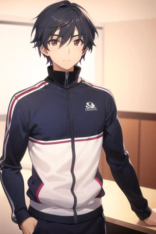 masterpiece, best quality, high quality, 1boy, solo, male focus, looking at viewer, upper body, <lora:ichika_orimura:0.70>, ichika_orimura, black hair, brown eyes, , track suit