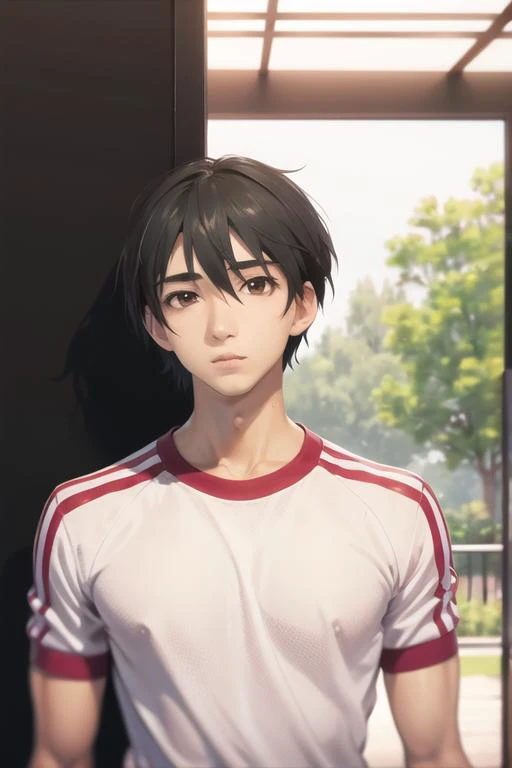 masterpiece, best quality, high quality, 1boy, solo, male focus, looking at viewer, upper body, <lora:ichika_orimura:0.70>, ichika_orimura, black hair, brown eyes, , gym uniform