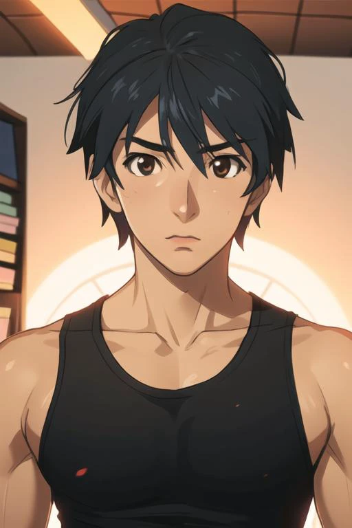 masterpiece, best quality, high quality, 1boy, solo, male focus, looking at viewer, upper body, <lora:ichika_orimura:0.80>, ichika_orimura, black hair, brown eyes, realistic, tank top