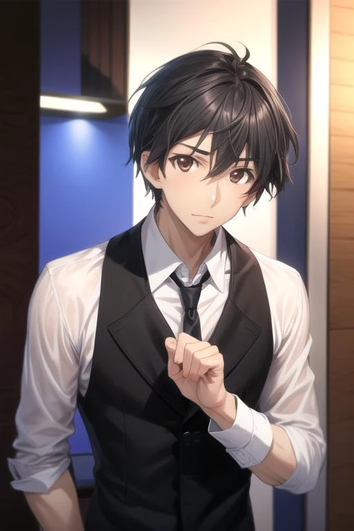 masterpiece, best quality, high quality, 1boy, solo, male focus, looking at viewer, upper body, <lora:ichika_orimura:0.78>, ichika_orimura, black hair, brown eyes, , formal, necktie, dress shirt