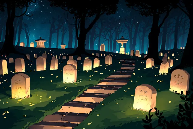 masterpiece, ultra-detailed, best quality, illustration, 8k cg wallpaper, an extremely delicate and beautiful, stunning landscape, graveyard, gravestones, dirt path, lanterns, candles, intricately detailed items in background, <lora:Hohokum:1>