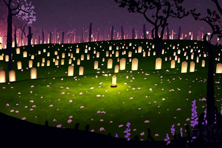masterpiece, ultra-detailed, best quality, illustration, 8k cg wallpaper, an extremely delicate and beautiful, stunning landscape, graveyard, gravestones, dirt path, lanterns, candles, intricately detailed items in background, <lora:Hohokum:1>
