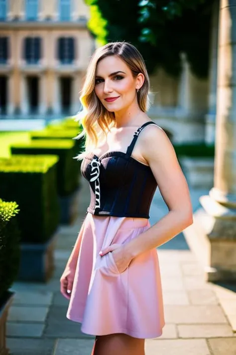 renee-5500 ,Masterpiece, best quality, ultra high res, (face focus:1.2), (photorealistic:1.4) , fit, tiny waist, smiling, blushing, pink cheeks, standing, model , tight corset, ( black victorian style dress, beautiful face, makeup:1.4), Chateau de Versailles, France, garden of versailles, flowers, modelshoot style, neutral expression