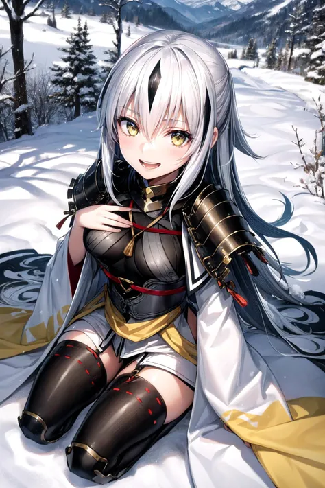 (masterpiece, Highest quality:1.2)、1 female、Kagetora Nagao、solo、Wicked Smile、Cowboy Shot、View your viewers、Silver Hair、Long Hair、Yellow Eyes、Female focus、Black Shirt、Shoulder Armor、capelet、Big Breasts、A woman with very large breasts、Wide sleeves、Yellow sash 、Black knee socks、
