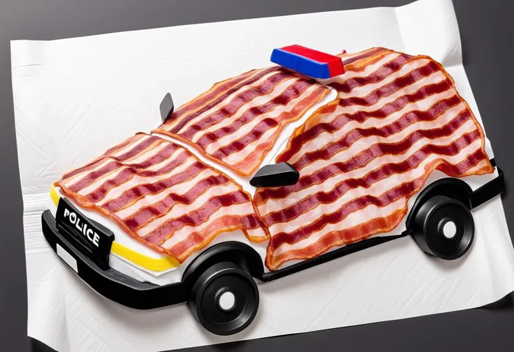 police car made from bacon on a paper towel <lora:Style_hud-BaconXL:0.9>, standing