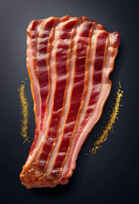 Advertising poster style gold foil steak made of bacon <lora:Style_hud-BaconXL:0.8>, delicious, glistening, greasy . Professional, modern, product-focused, commercial, eye-catching, highly detailed
