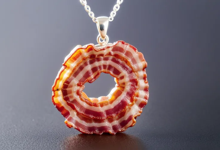 necklace made from delicious, glistening greasy bacon <lora:Style_hud-BaconXL:0.9>, standing, macro lens