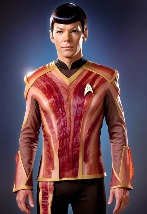 star trek uniform made from bacon <lora:Style_hud-BaconXL:0.8>, delicious, glistening, greasy