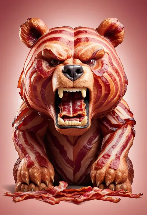 Advertising poster style giant angry bear made of bacon <lora:Style_hud-BaconXL:0.8>, delicious, glistening, greasy . Professional, modern, product-focused, commercial, eye-catching, highly detailed
