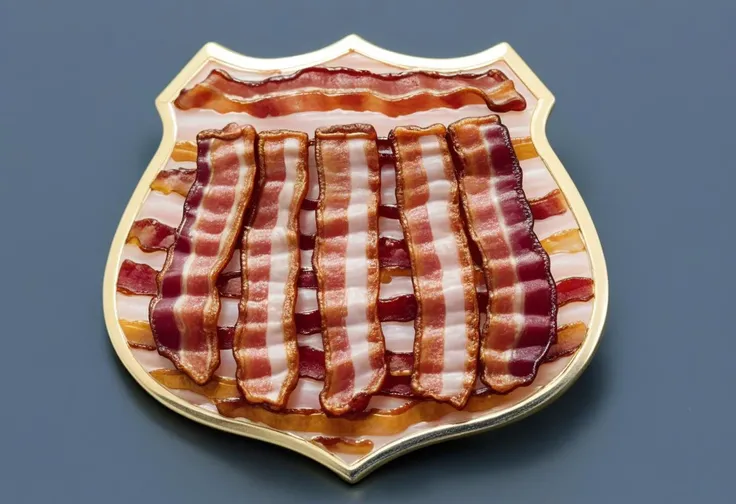 police badge made from bacon <lora:Style_hud-BaconXL:0.9>, standing