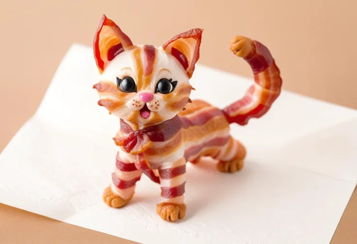 cute kitten made from bacon on a paper towel  <lora:Style_hud-BaconXL:0.9>, standing