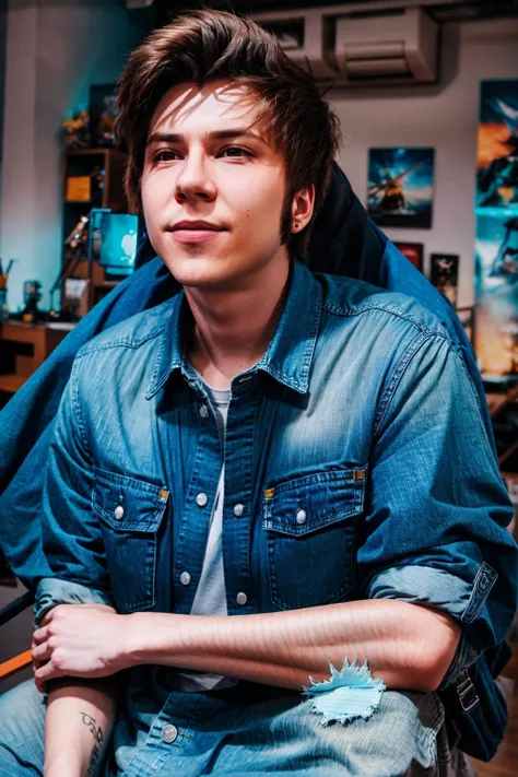 <lora:ElRubius_v1:1> masterpiece, best cinematic quality, photorealistic highly detailed 8k raw photo, volumetric lighting, volumetric shadows, lrbs in denim shirt, Lying on the side, propped up on one elbow, random dynamic background