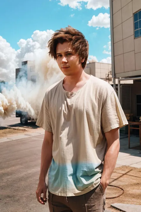 <lora:ElRubius_v1:1> masterpiece, best cinematic quality, photorealistic highly detailed 8k raw photo, volumetric lighting, volumetric shadows, lrbs in linen shirt, Standing, pretending to get blown away by the wind, random dynamic background