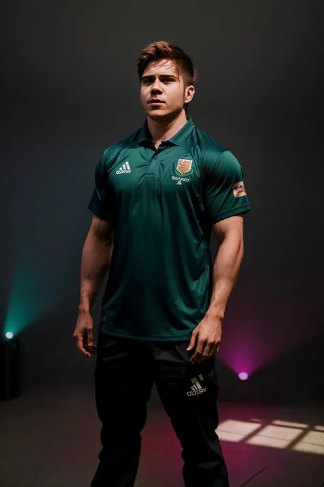 <lora:ElRubius_v1-000009:1> masterpiece, best cinematic quality, photorealistic highly detailed 8k raw photo, volumetric lighting, volumetric shadows, lrbs in rugby shirt, Standing with one arm reaching to the side, random dynamic background