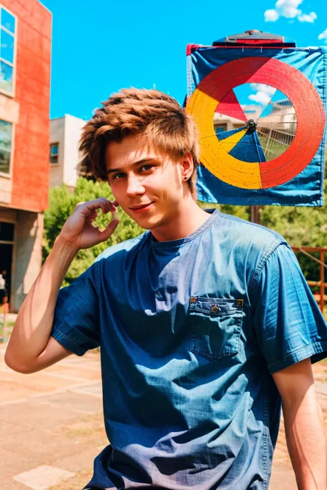 <lora:ElRubius_v1:1> masterpiece, best cinematic quality, photorealistic highly detailed 8k raw photo, volumetric lighting, volumetric shadows, lrbs in denim shirt, Posing as if throwing a frisbee, random dynamic background