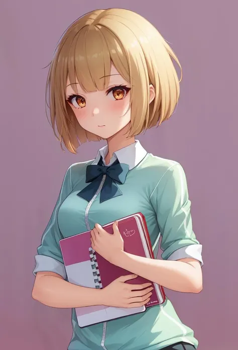(best quality, masterpiece), 1girl, solo, notebook, kaorin, brown eyes, short hair, browh hair <lyco:kaorinPopNMusic:1.0>