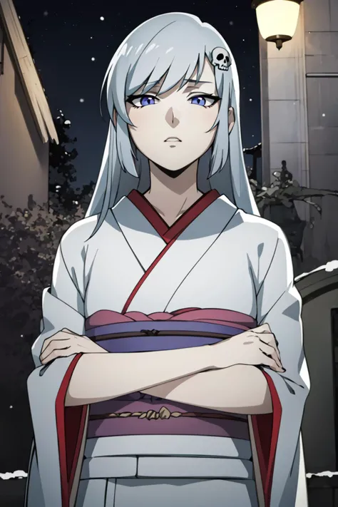 ((masterpiece)), (best quality), official art, extremely detailed CG, unity 8k wallpaper, ultra detailed, highly detailed, detailed background, vivid color,
1girl, yukihime, kimono, white kimono, skull hair_ornament, long hair, silver hair, upper body, crossed arms,
outdoor, snow, night, japanese temple, japanese graveyard, tombstone, <lora:yukihime:0.7>, BREAK,
intenseglare, disgust, shaded_face, looking at viewer, from below, <lora:Intense_GlarerV2:1>