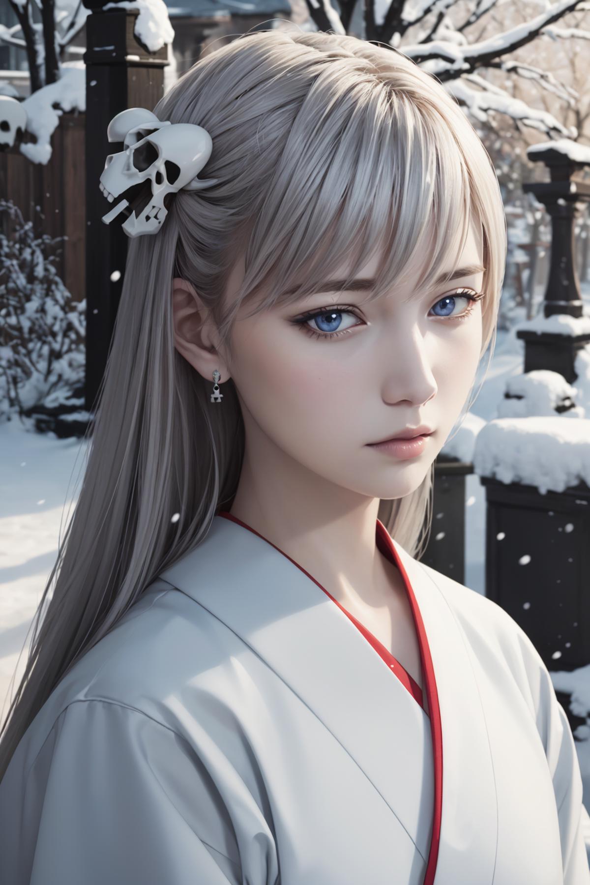 A woman with long hair and a white top is standing in the snow - SeaArt AI