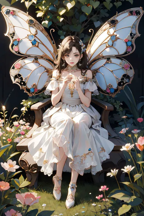 (masterpiece, best quality, high quality, highres, ultra-detailed),official art,official wallpaper,A genie with butterfly wings, beautiful, pretty,beautiful,with a white dress, garden, <lora:insect jewelry:1>,(zhubao:1.1),flying,