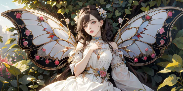 (masterpiece, best quality, high quality, highres, ultra-detailed),official art,official wallpaper,A genie with butterfly wings, beautiful, pretty,beautiful,with a white dress,  garden, <lora:insect jewelry:1>,(zhubao:1.1),