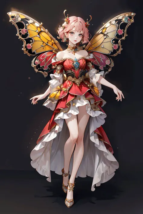 (masterpiece, best quality, high quality, highres, ultra-detailed),official art,official wallpaper,1girl, A genie with yellow butterfly wings, beautiful, pretty,beautiful,red dress, <lora:insect jewelry:1>,(zhubao:1.1),flying in the sky, <lora:Skirt_Tail:0.4>, skirt_tail, gem, pearl,