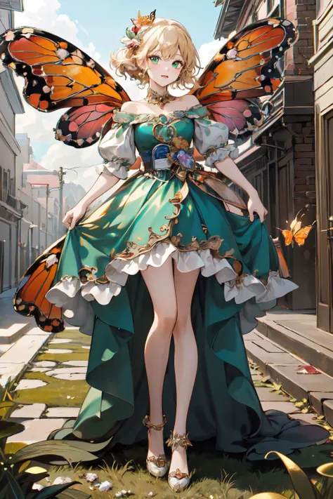 (masterpiece, best quality, high quality, highres, ultra-detailed),official art,official wallpaper,1girl, A genie with orange butterfly wings, beautiful, pretty,green dress, <lora:insect jewelry:1>,flying in the sky, <lora:Skirt_Tail:0.4>, skirt_tail, gem, pearl,standing