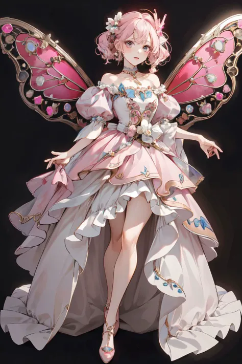 masterpiece, best quality, extremely detailed, high resolution, Japanese anime,1girl, pink black hair, (short length hair:1.4),(blunt bangs:1.5), wavy hair, drill hair, (ribbon:1.5), (mechanical fairy wing:1.5), (pink eyes:1.5), (beautiful detailed eyes:1.4), laugh, 130cm tall, original character, fantasy, (black background:1.2), (full body:1.8), beautiful fingers, (standing:1.5), (huge breasts:1.2), (lace frill Gothic jewelry dress:1.5), (mechanical headgear:1.5) , shoot from front, looking at viewer