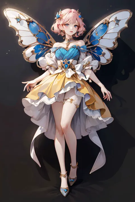(masterpiece, best quality, high quality, highres, ultra-detailed),official art,official wallpaper,1girl, A genie with blue butterfly wings, beautiful, pretty,beautiful,yellow dress, <lora:insect jewelry:1>,(zhubao:1.1),flying in the sky,  <lora:Skirt_Tail:0.4>, skirt_tail, gem, pearl,