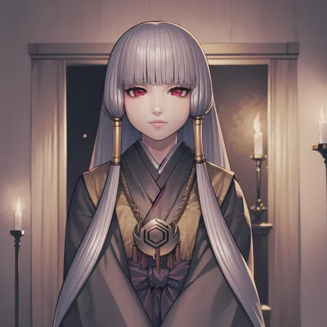 masterpiece, best quality, highly detailed, rikako uematsu, 1girl, standing, facing viewer, worried, candlelight, indoors  <lora:RikakoUematsu:0.9>
