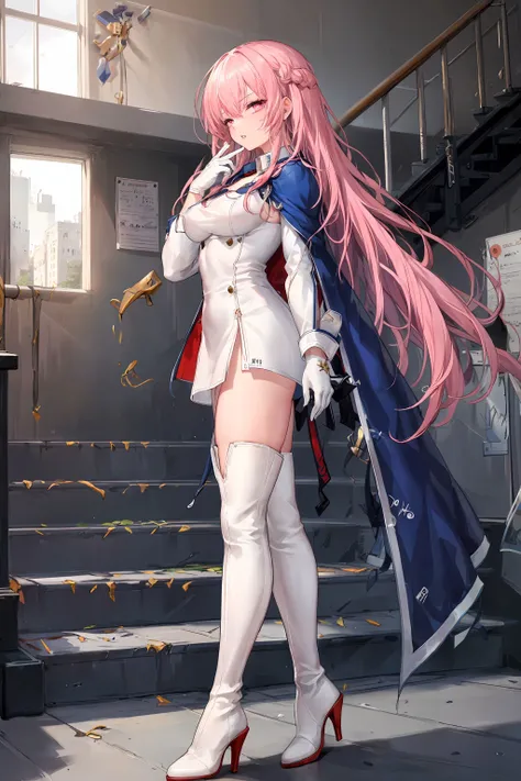 1girl, solo, full body, large breasts, white short dress, ((white high thigh boots)), high heels, blue cape, very long hair, pink eyes, long sleeves, white gloves, thin body, (princeton:1.2), indoors, (stairwell), walking on stair, from below, ((from side)), (hand on railing), railing, school, parted lips, single hand up, (dark atmosphere), <lora:Princeton_v1-000008:0.6>, <lora:ChihunHentai_20230709225610-000004:0.4>,, (((masterpiece))), (((best quality))), (((extremely detailed))), ((absurdres)), beautiful, small detailed, good anatomy, beautiful lighting, detailed eyes, 4k, 8k, hyper detailed, small detailed, high detailed