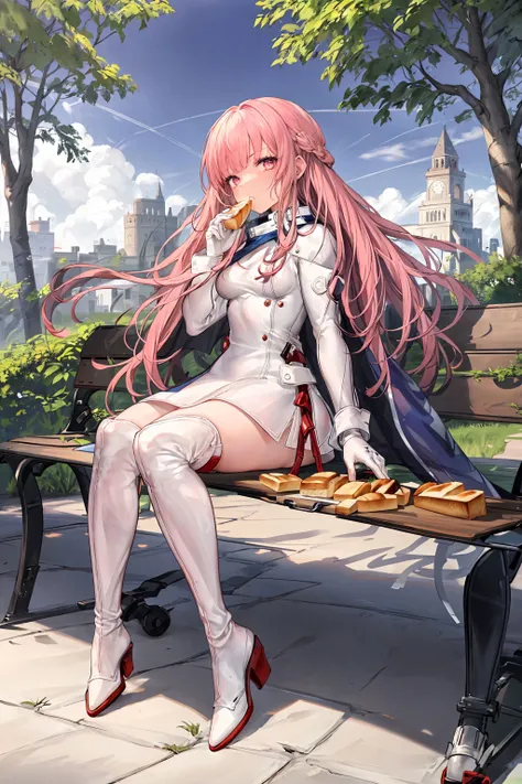 1girl, solo, full body, white latex short dress, ((white latex high thigh boots)), cape, zettai ryouiki, landscape, wide shot, very long hair, pink eyes, thin body, (princeton:1.2), outdoors, fountain, private school, wooden bench, sitting on bench, picnic basket, lunchbox, looking at viewer, eating, biting bread slice, bread, (from side), <lora:Princeton_v1:0.8>, <lora:ChihunHentai_20230709225610-000004:0.3>,, (((masterpiece))), (((best quality))), (((extremely detailed))), ((absurdres)), beautiful, small detailed, good anatomy, beautiful lighting, detailed eyes, 4k, 8k, hyper detailed, small detailed, high detailed